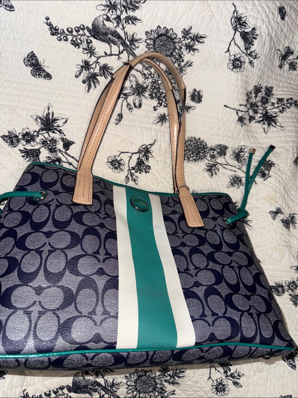 Coach denim blue stripe turquoise green side tassels bag